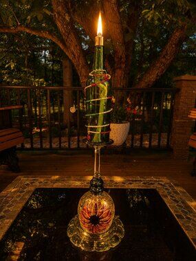 Upcycled Red Painted Flower Green Tiki Torch Beaded Accents